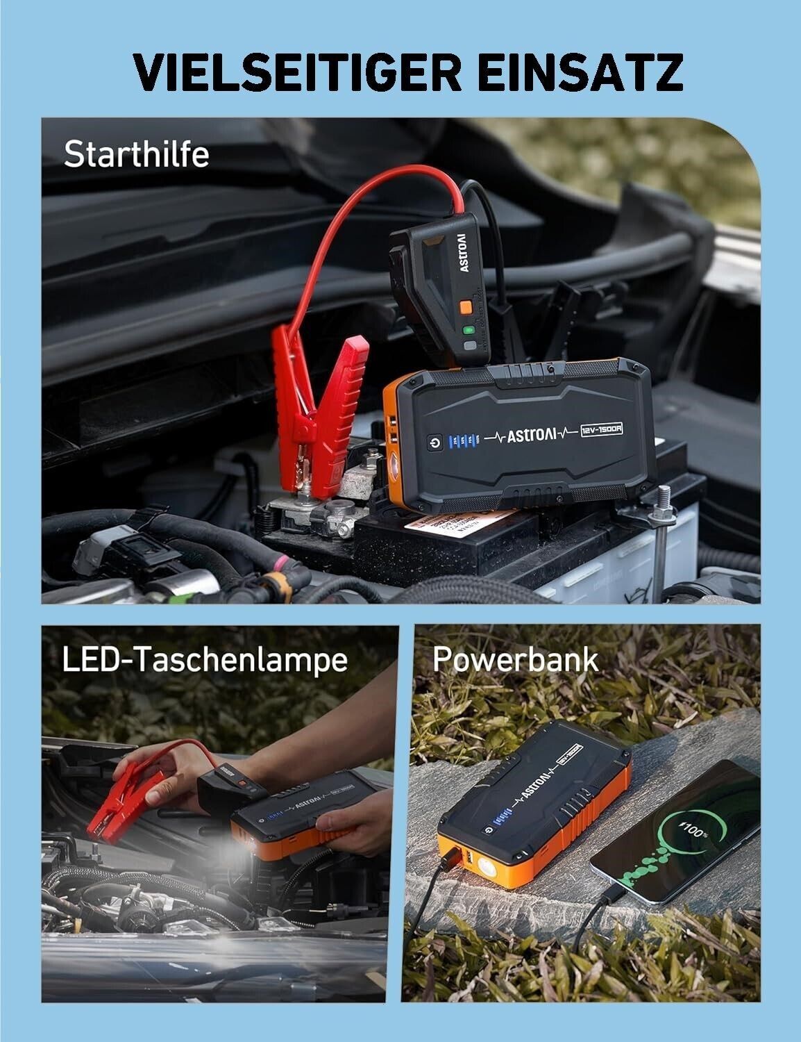 Car jump starter 1500A 12V power bank starter with charger LED USB boost