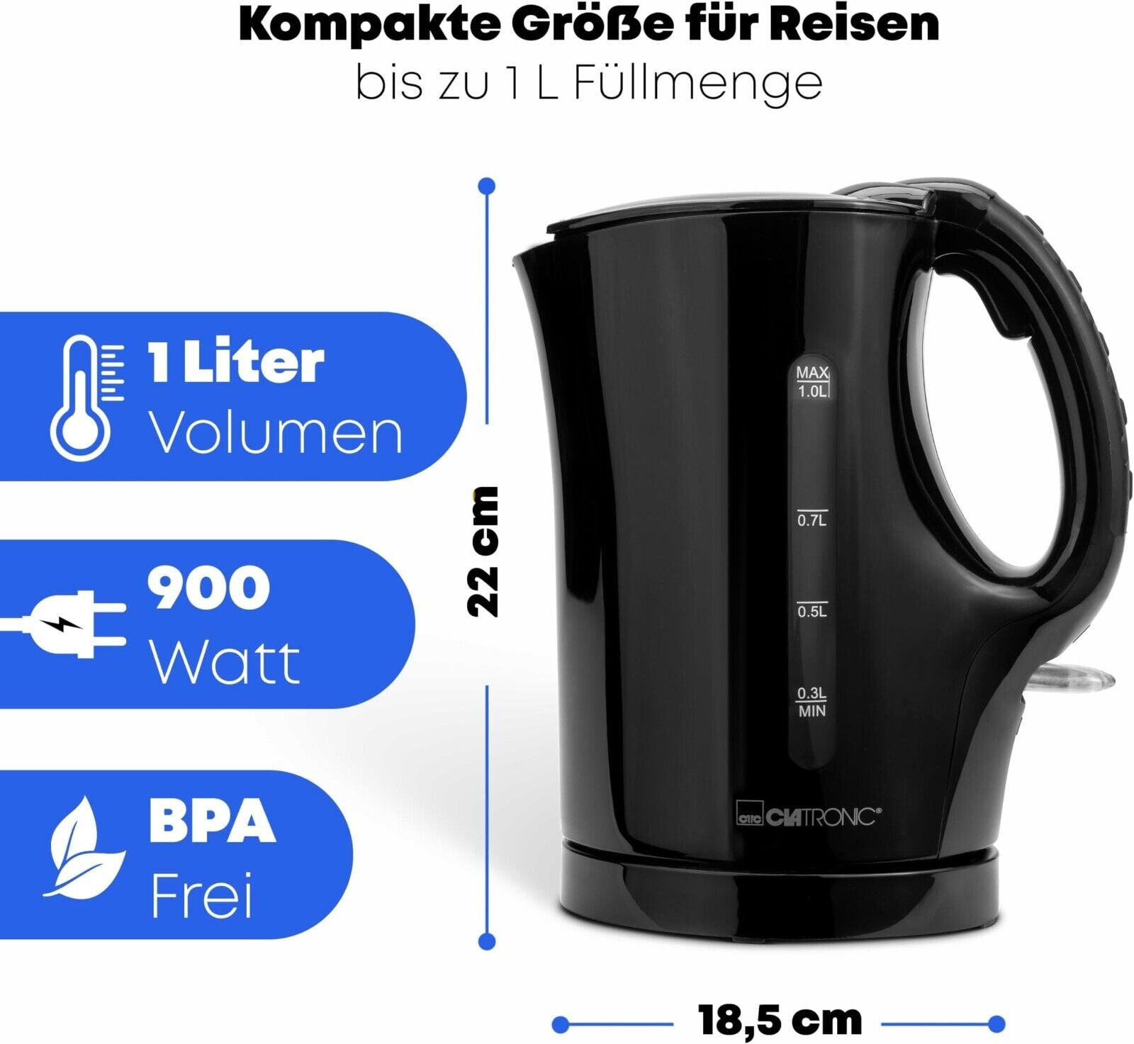 Clatronic® Kettle | 1.0 Liter | Small, Compact &amp; Travel-Friendly | Tea Maker