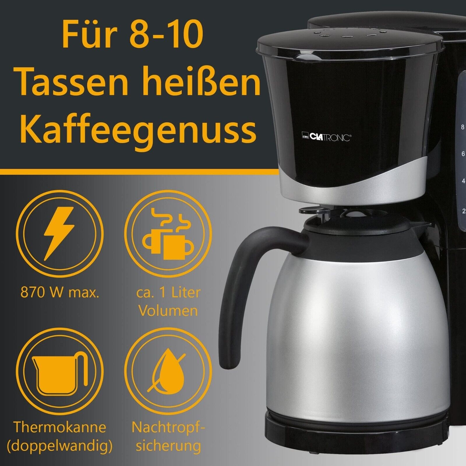 Clatronic Thermo-Coffee Machine KA 3327, 8-10 cups of coffee (approx. 1 liter) NEW