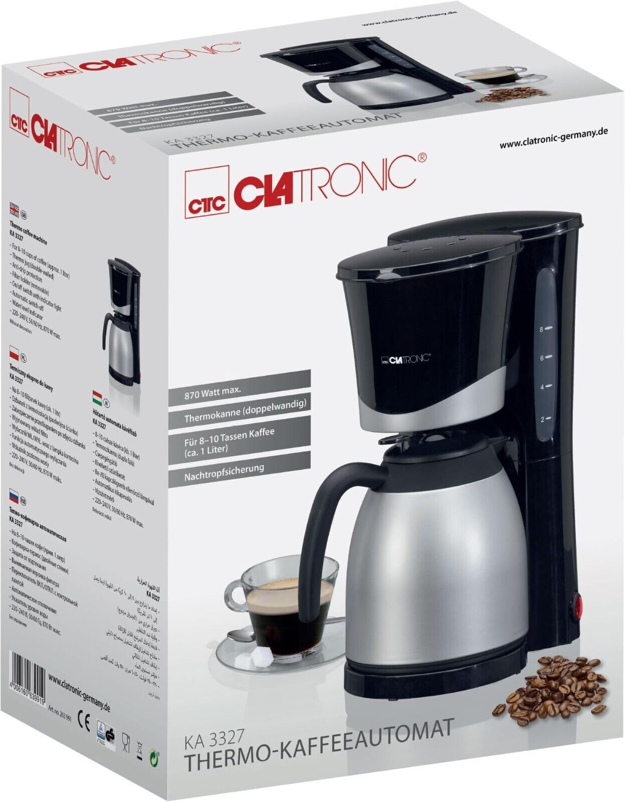 Clatronic Thermo-Coffee Machine KA 3327, 8-10 cups of coffee (approx. 1 liter) NEW