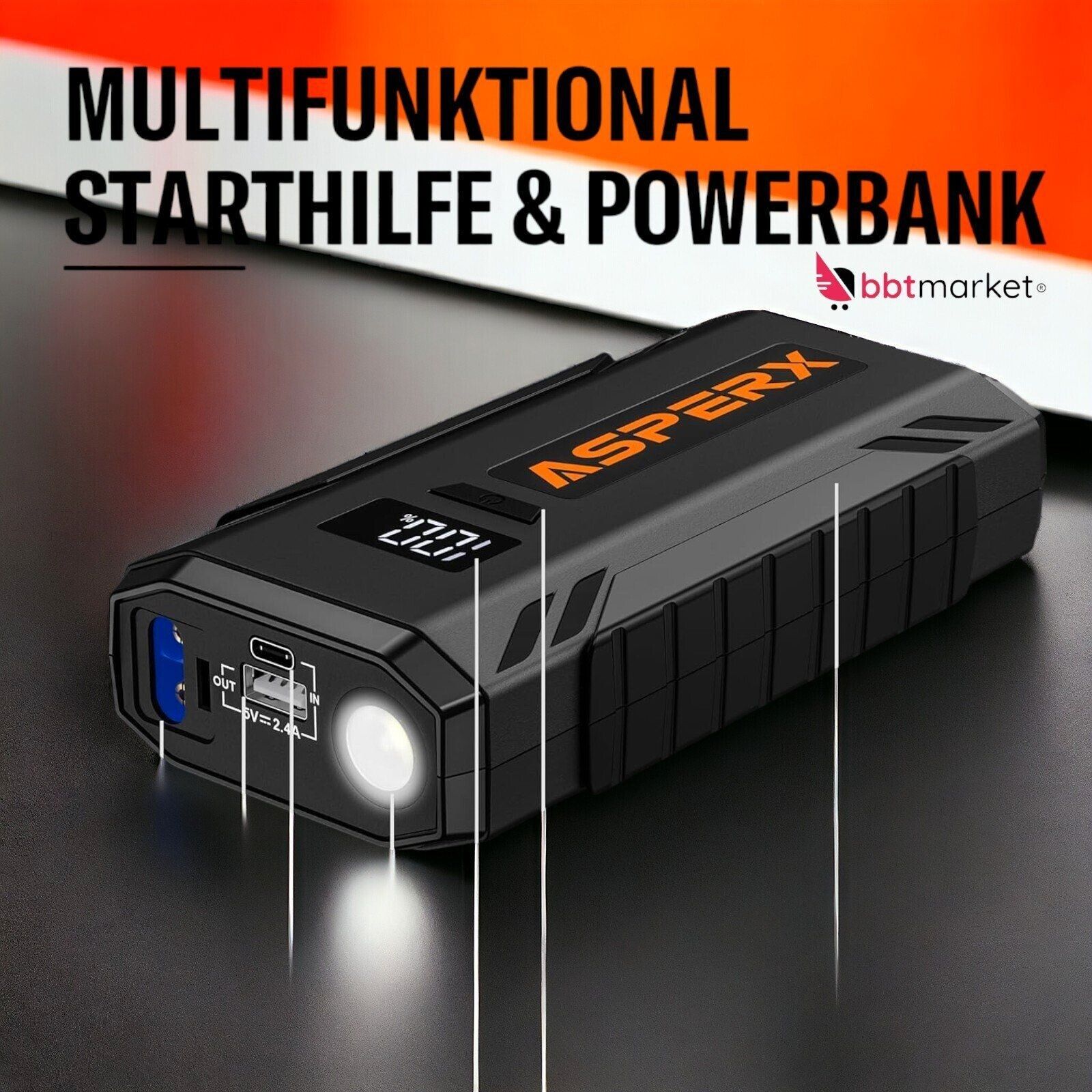 Starthilfe Jump Starter Ladegerät Booster Powerbank 5.5L Gas 1500A für 12V   LED