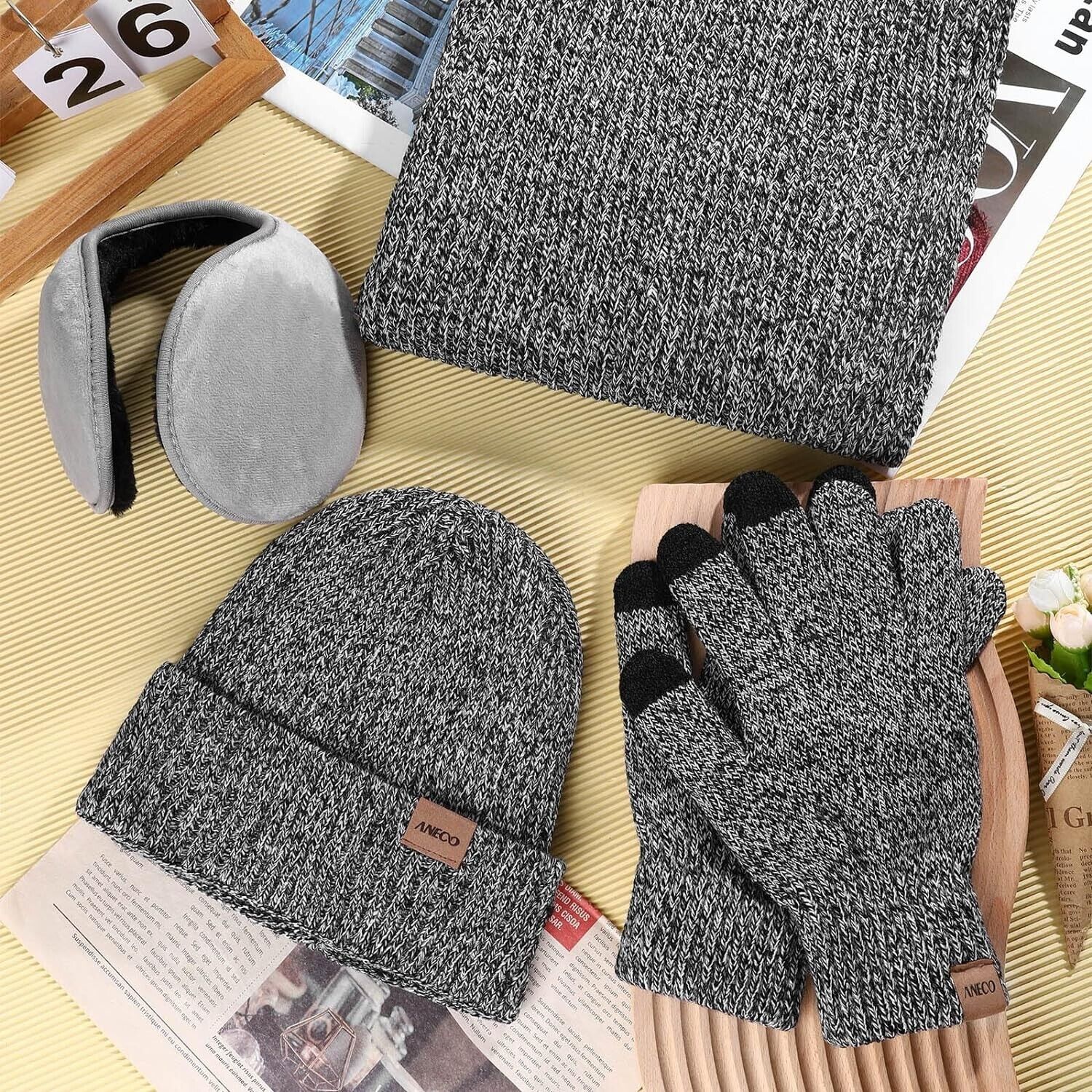 Herren Wintermütze Strickmütze Warme Schal Beanie  Handschuhe Set Mütze 4 Stück