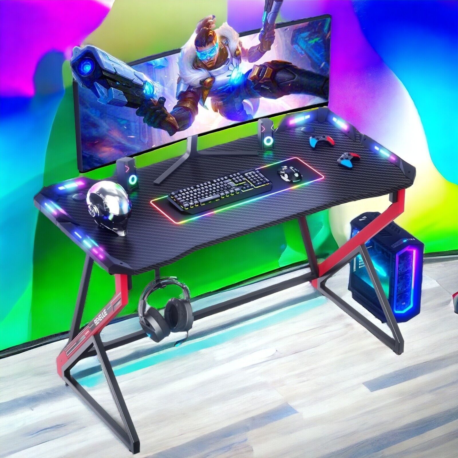 Gaming Schreibtisch LED Gamer Tisch Computertisch Arbeitstisch  Stabil 100x60 cm