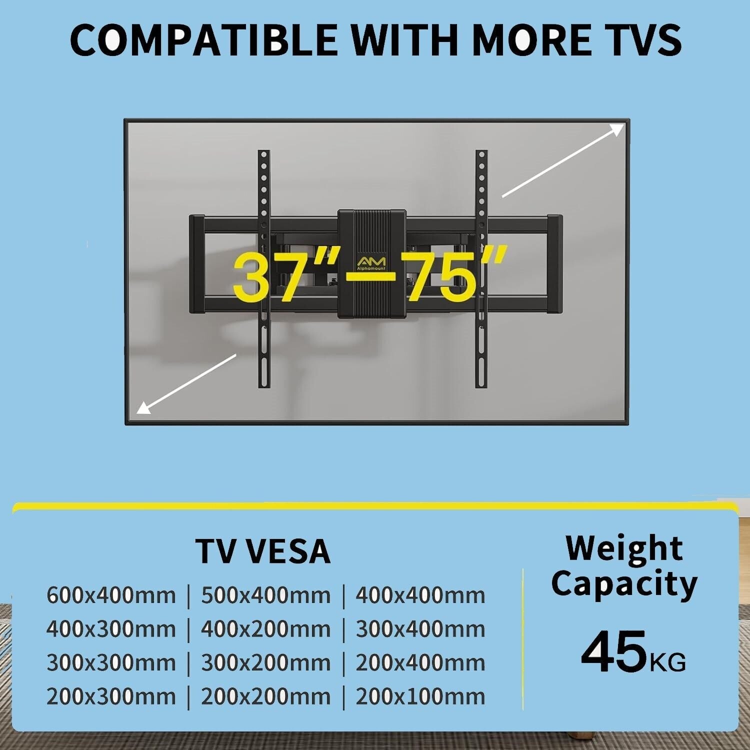 Alphamount TV Wandhalterung Schwenkbar Für 37-75 Zoll Fernseher, Neigbar Ausfahr