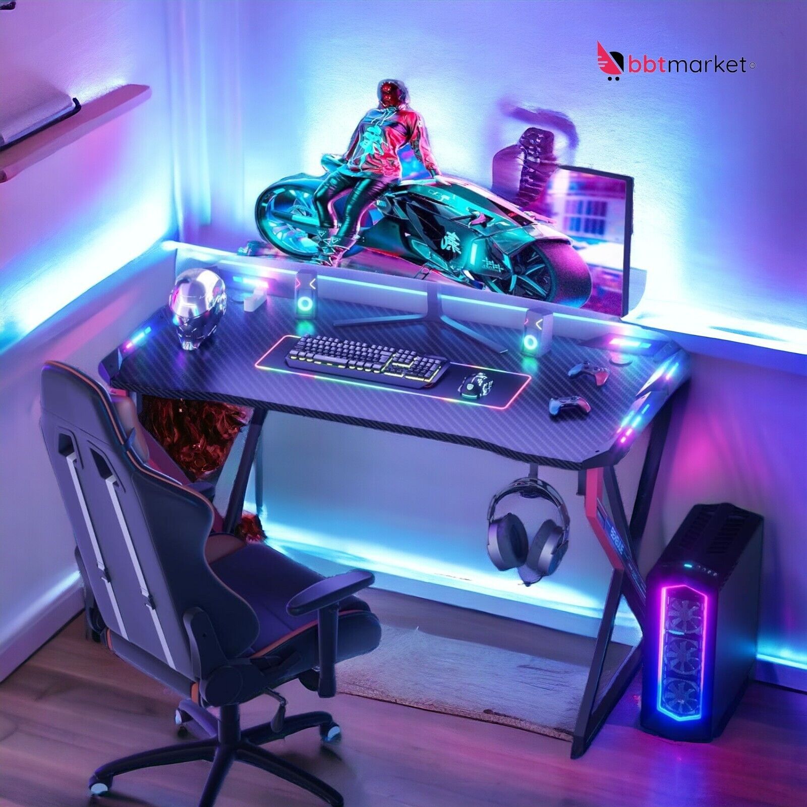 RGB Gaming Schreibtisch LED Gamer Tisch Computertisch Arbeitstisch  Stabil 100x60cm