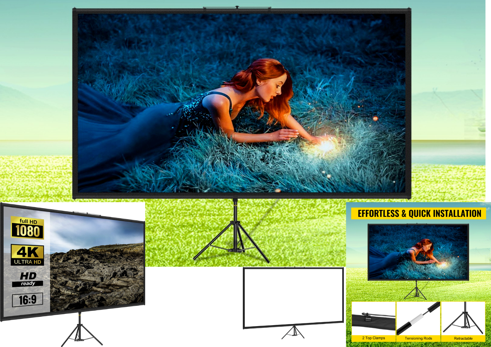 100 Zoll Beamer Leinwand 16:9 Full HD 4K – Tragbare Projektionswand mit Stativ für Heimkino, Outdoor, Camping, Büro