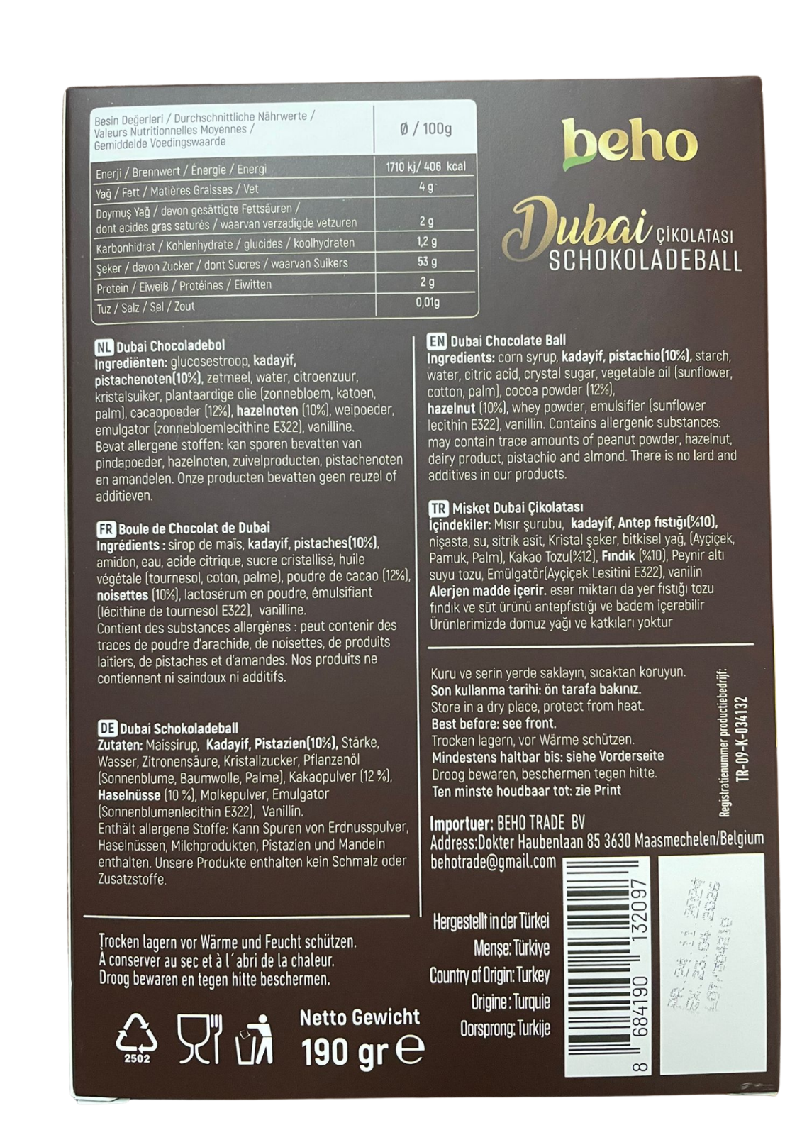 Dubai Schokoladeball 190g – Pistazien & Haselnüsse, Kadayif, Orientalische Spezialität