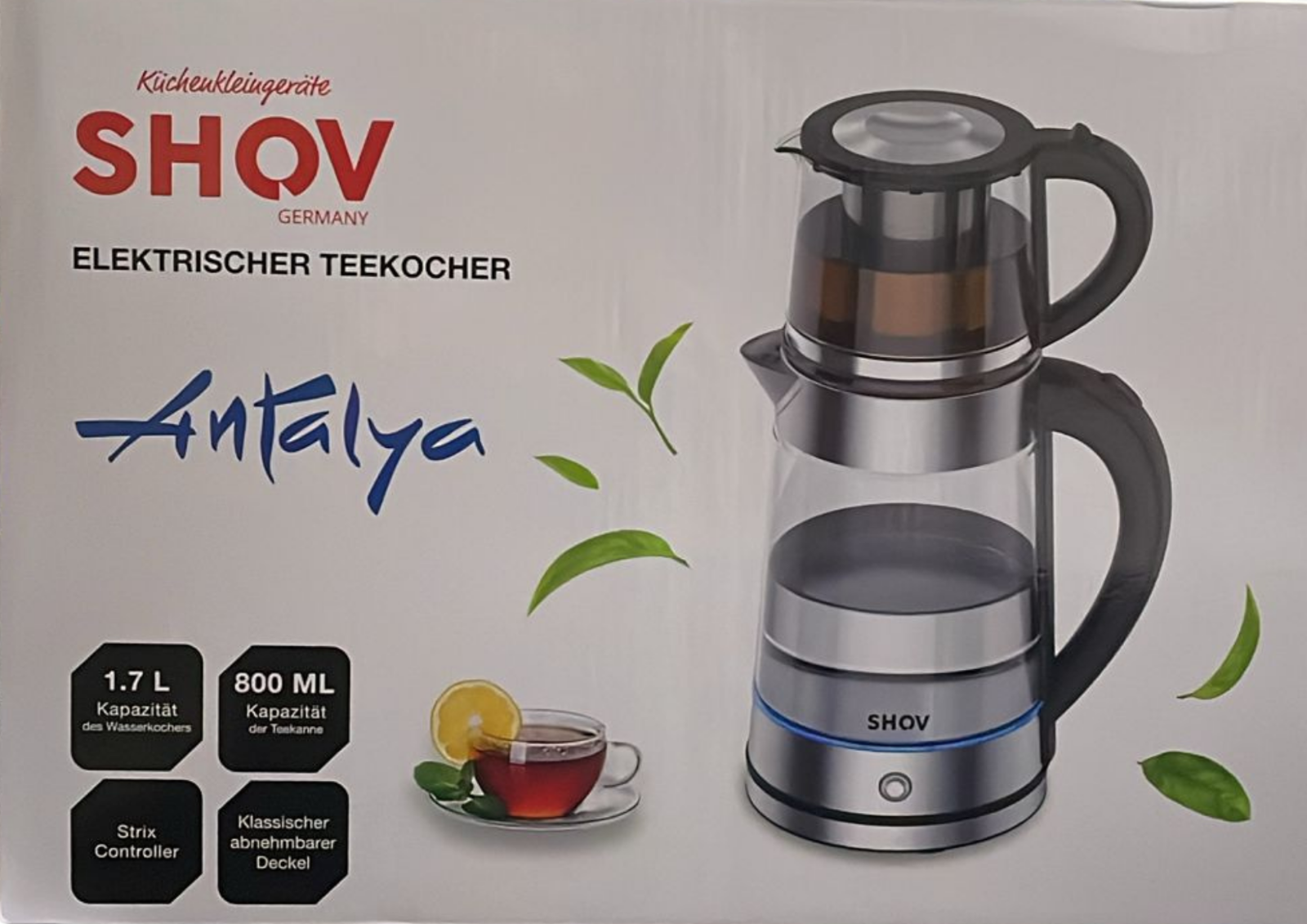 Shov Elektrischer Glasteekocher – 1,7L Wasserkocher + 0,8L Teekanne – Sicherheit
