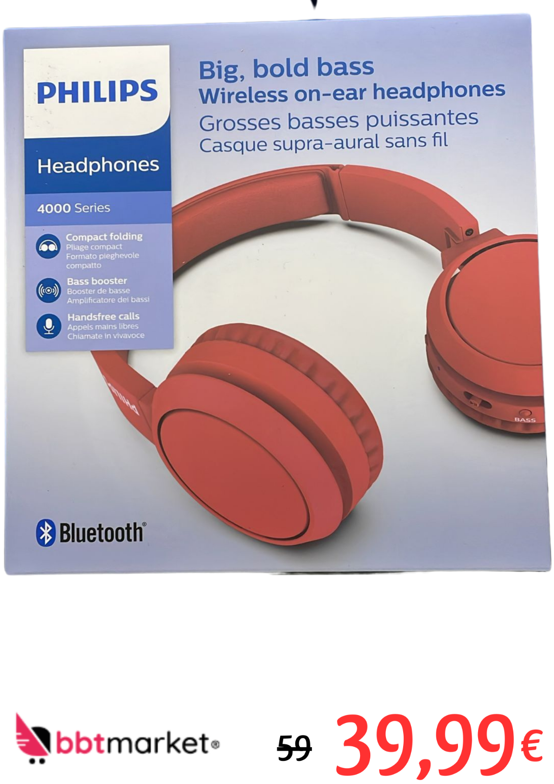 Philips On Ear Kopfhörer H4205RD/00 mit Bass Boost-Taste (Bluetooth, 29 Stunden