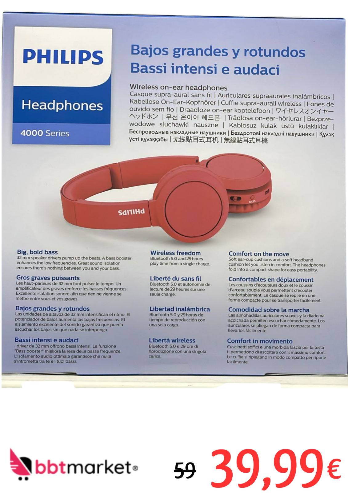 Philips On Ear Kopfhörer H4205RD/00 mit Bass Boost-Taste (Bluetooth, 29 Stunden