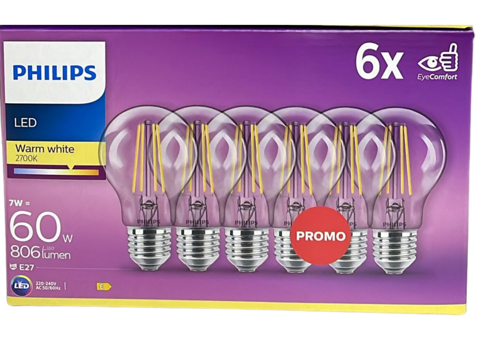 LED Lampe Philips 6x E27, 7W=60W Ersatz – Warmweiß 2700K, Energieklasse E