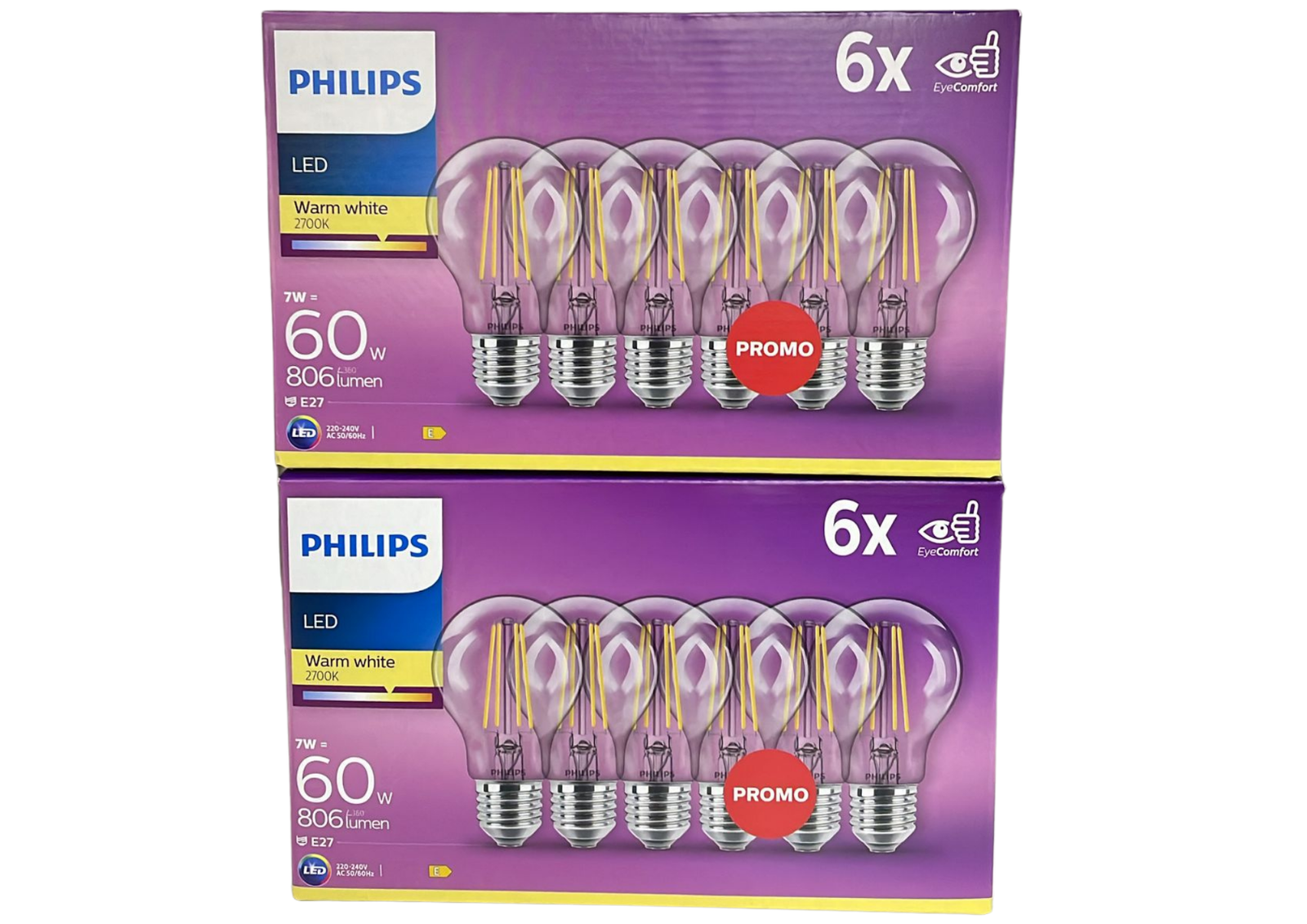 LED Lampe Philips 6x E27, 7W=60W Ersatz – Warmweiß 2700K, Energieklasse E