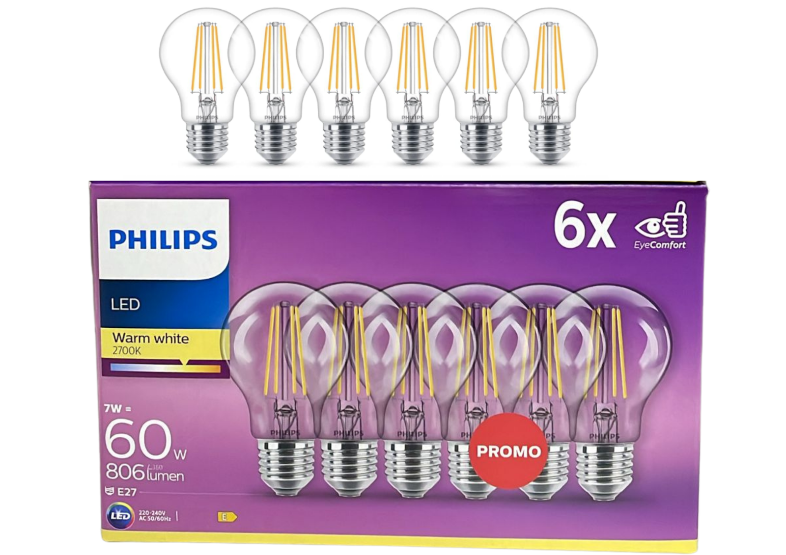 LED Lampe Philips 6x E27, 7W=60W Ersatz – Warmweiß 2700K, Energieklasse E