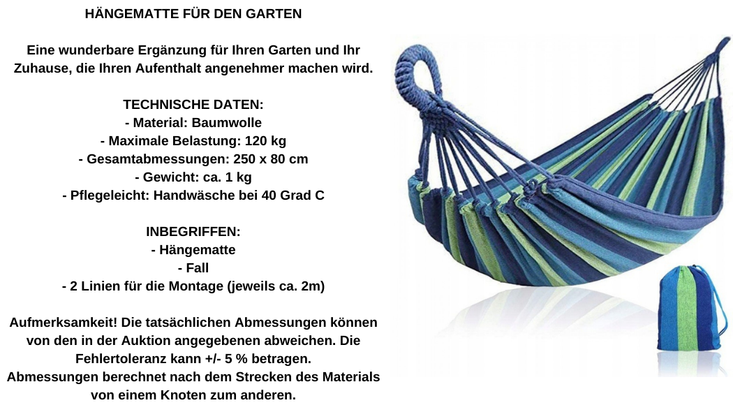 Hängematte 250x80cm groß Hängeliege Baumwolle 1 Personen XXL Doppelhängematte