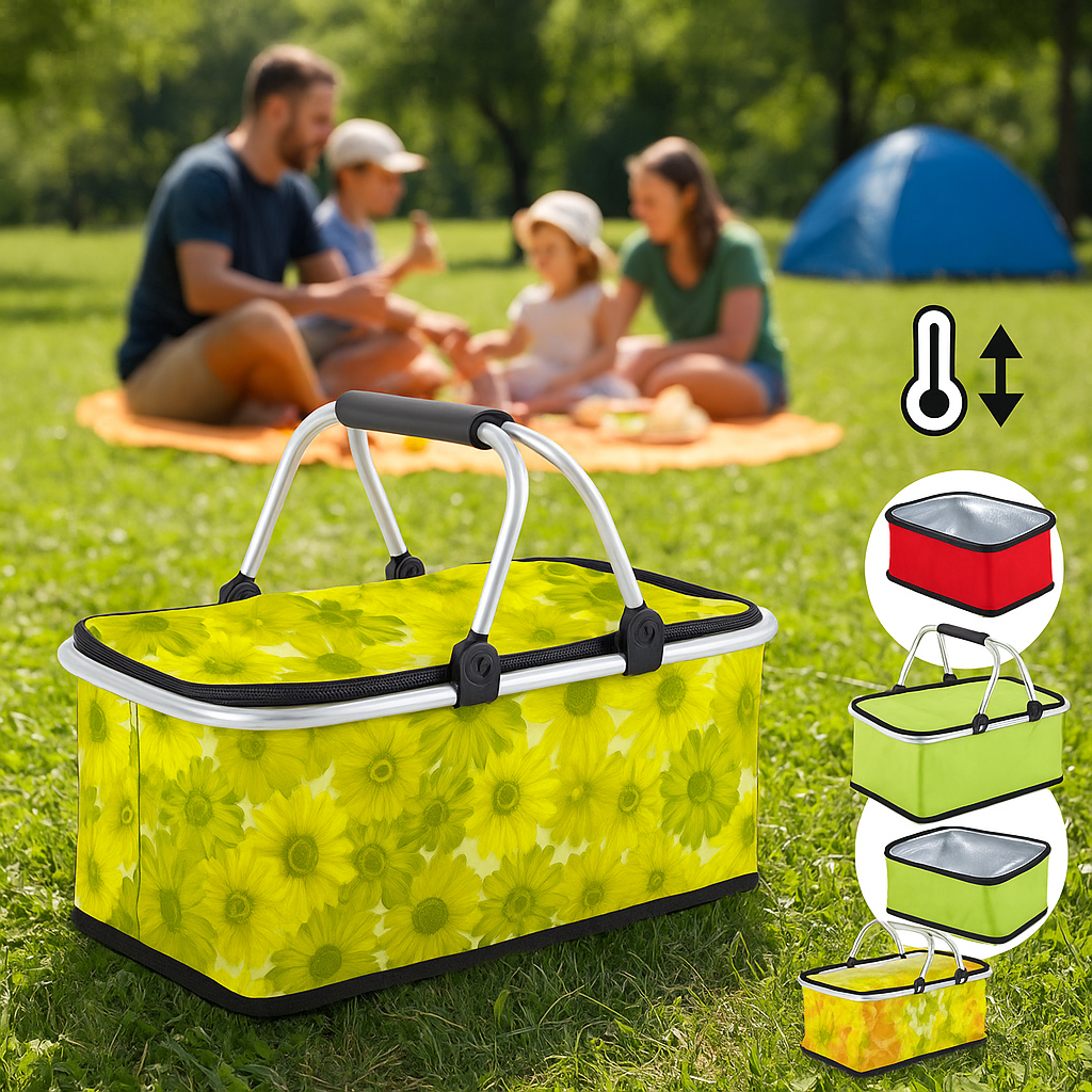 Thermo Einkaufskorb Faltbar 48x28x22cm – Picknickkorb mit Deckel Alu  🧊❄️🧳⛱️🥤