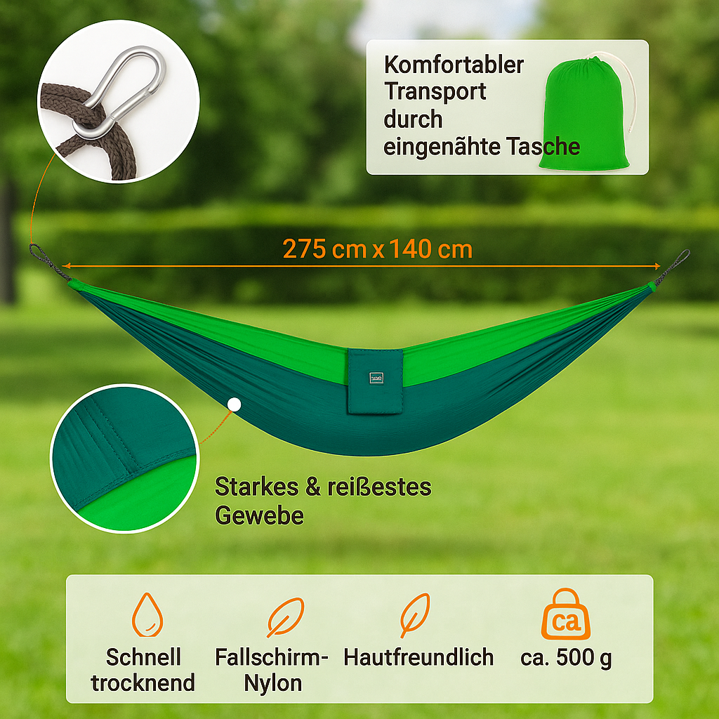 Hängematte Fallschirmseide Hängeliege Schaukel Liege | 2 Typen & viele Größen