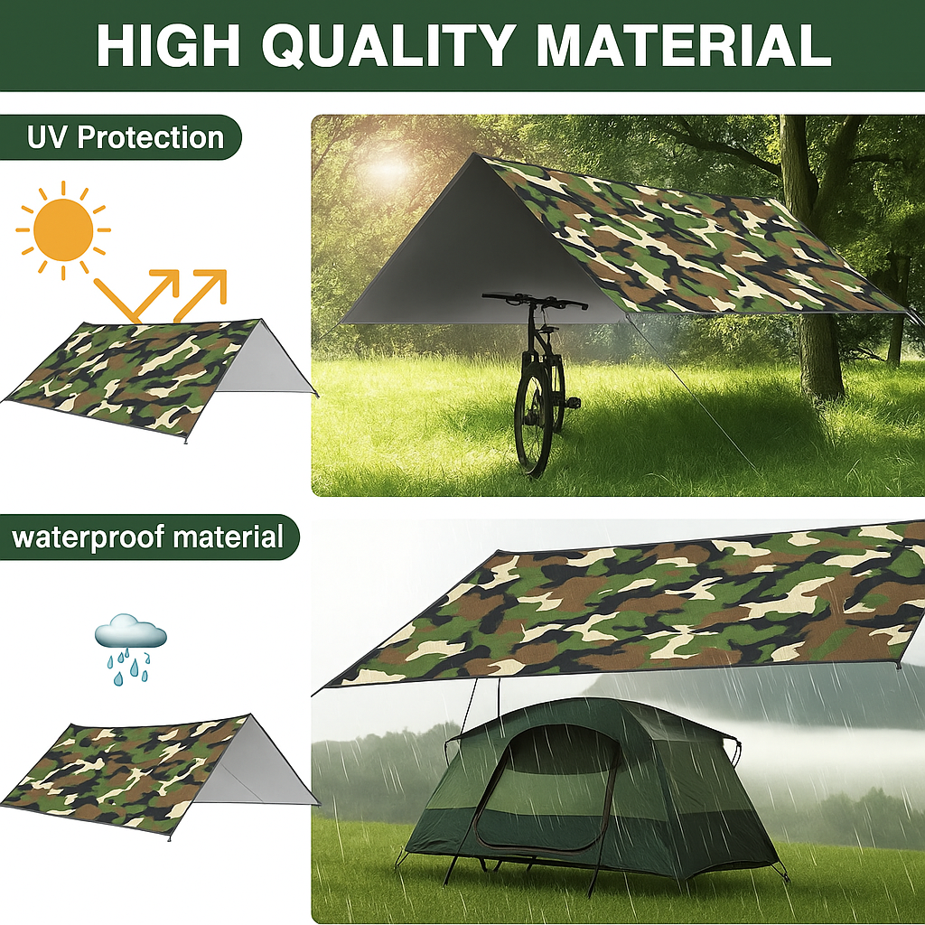 Zeltplane 3x3M Tarp wasserdicht UV Schutz Camping mit Ösen +Seile +Heringe  Grau