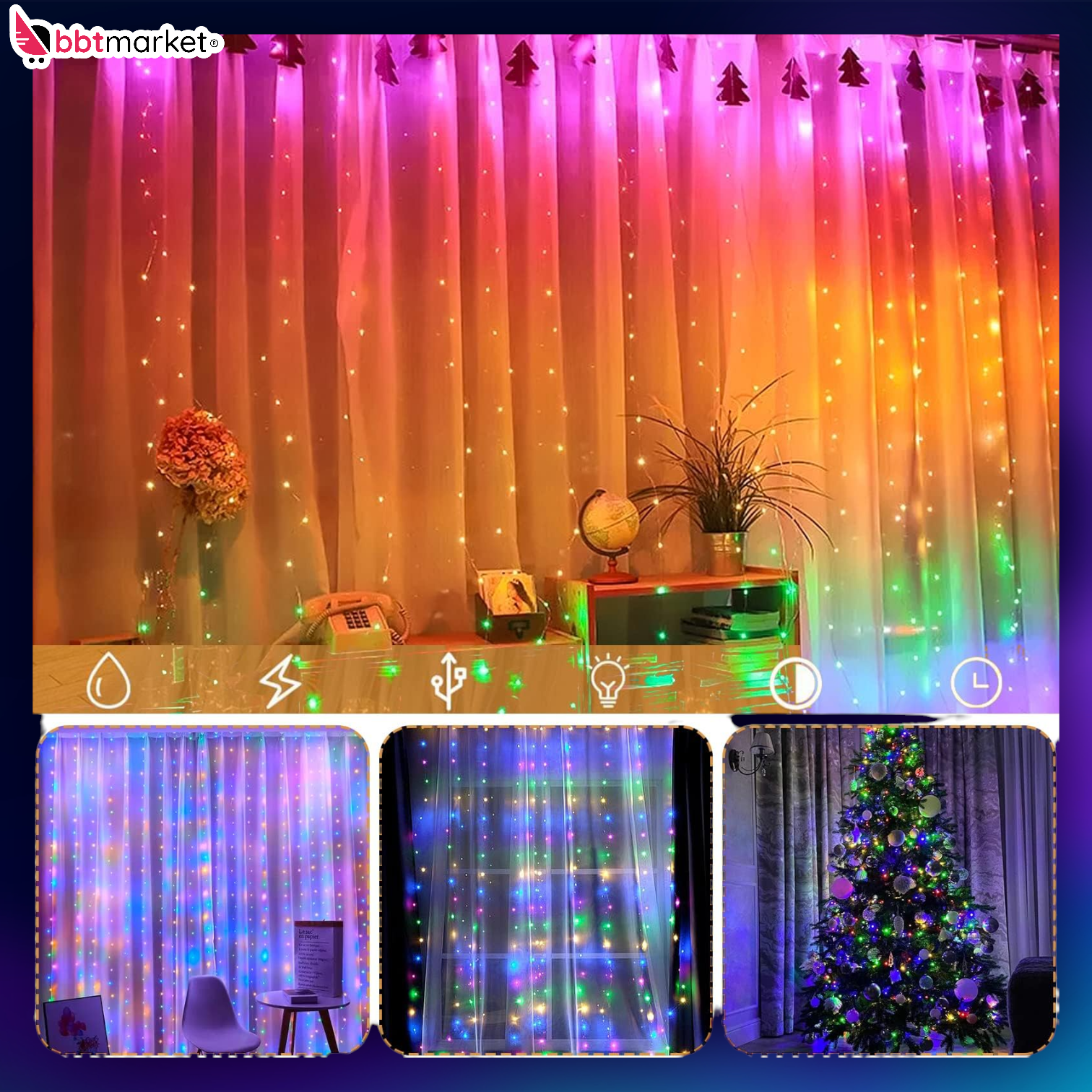 LED Lichtervorhang 3x3m Bunt USB 300 LEDs mit Timer & Fernbedienung 8 Modi ✨ ✨ ✨