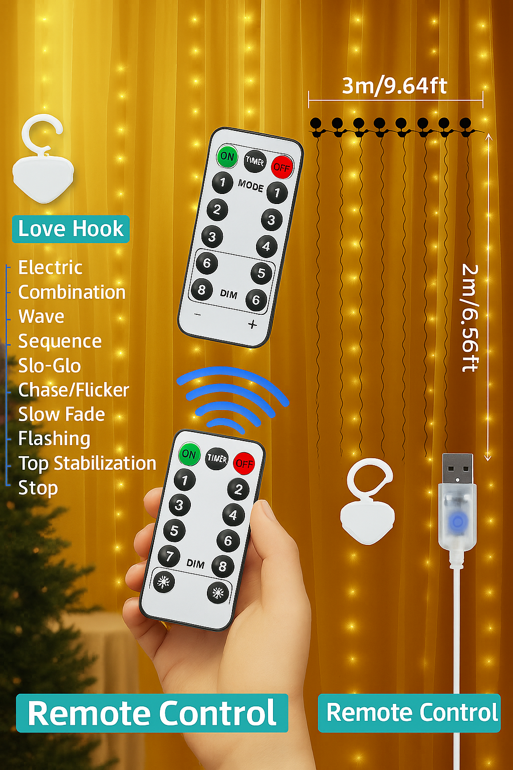 LED Lichtervorhang 3x2m Warmweiß mit Timer & Fernbedienung für Außen & Innen