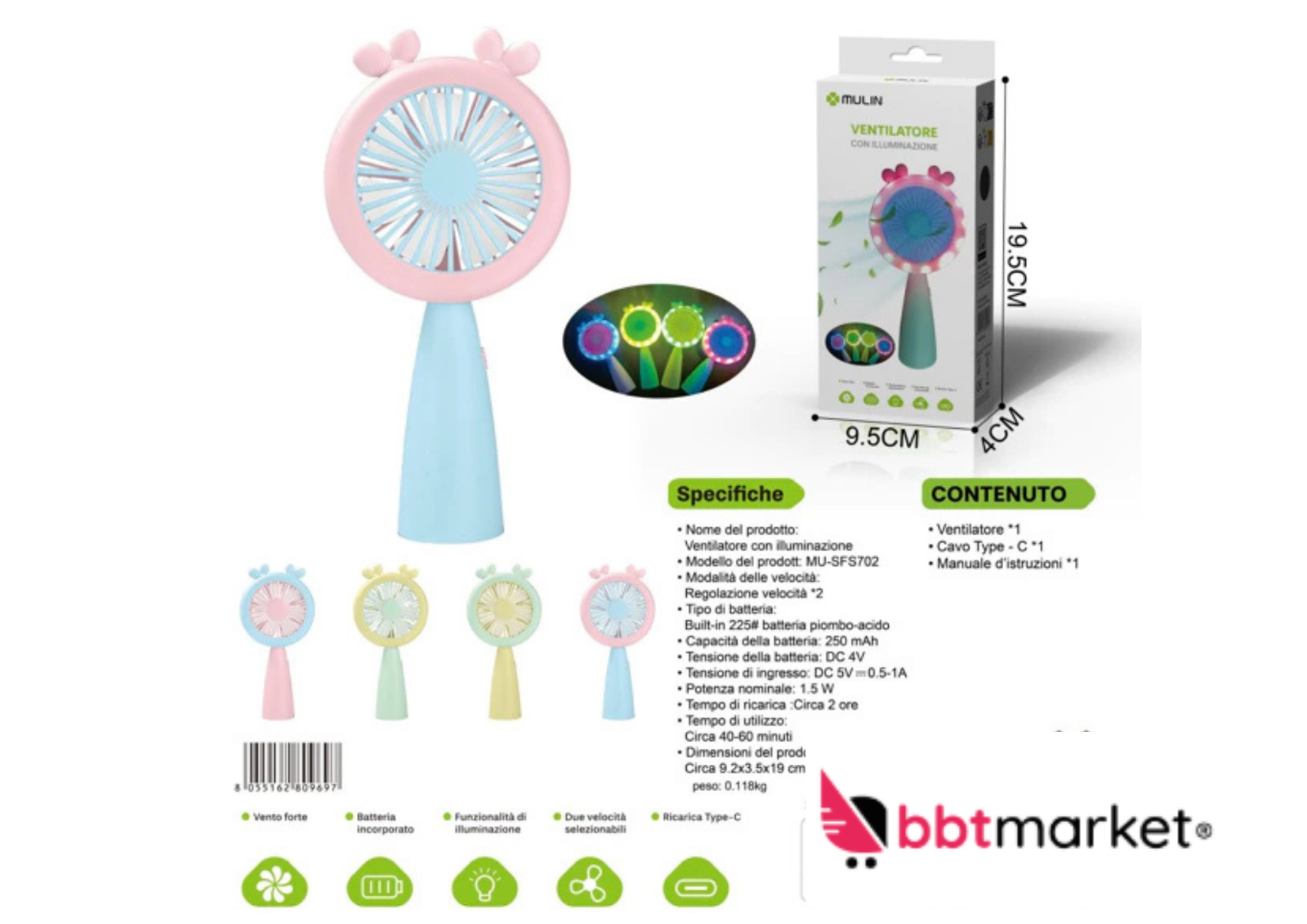 Handventilator mit LED Beleuchtung USB Mini Lüfter 2 Stufen wiederaufladbar ☀️❄