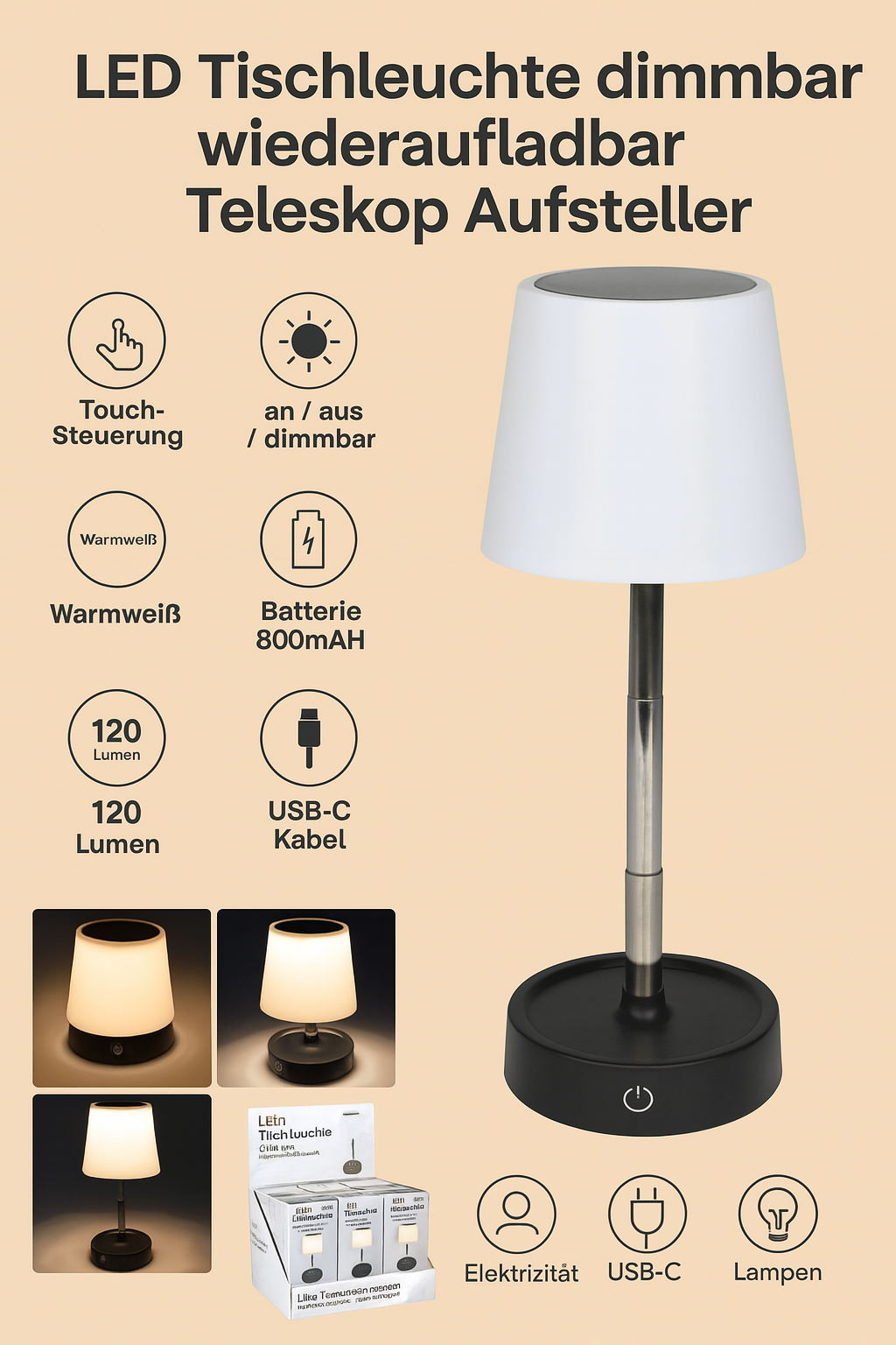 LED Tischlampe dimmbar Akku Teleskop USB-C warmweiß 120lm Touch 💡 🔋 💡 🔋