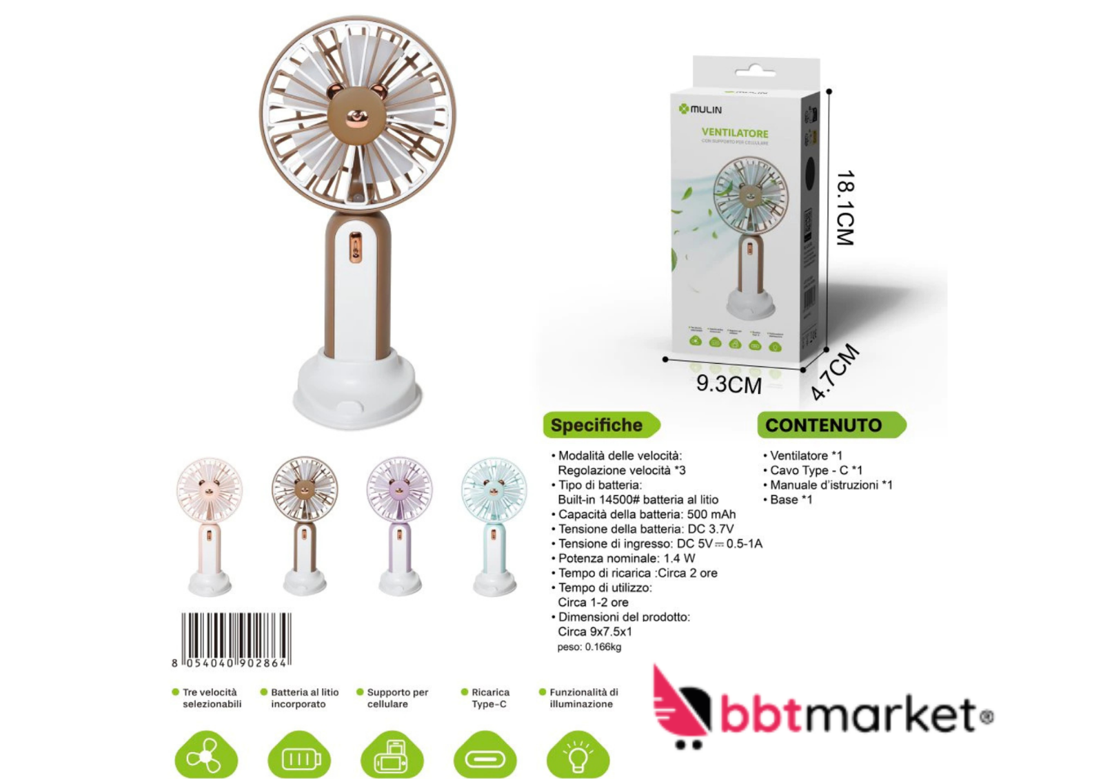 Mini USB Ventilator mit Handyhalter – 3 Stufen – Wiederaufladbar – Typ-C 🌬️