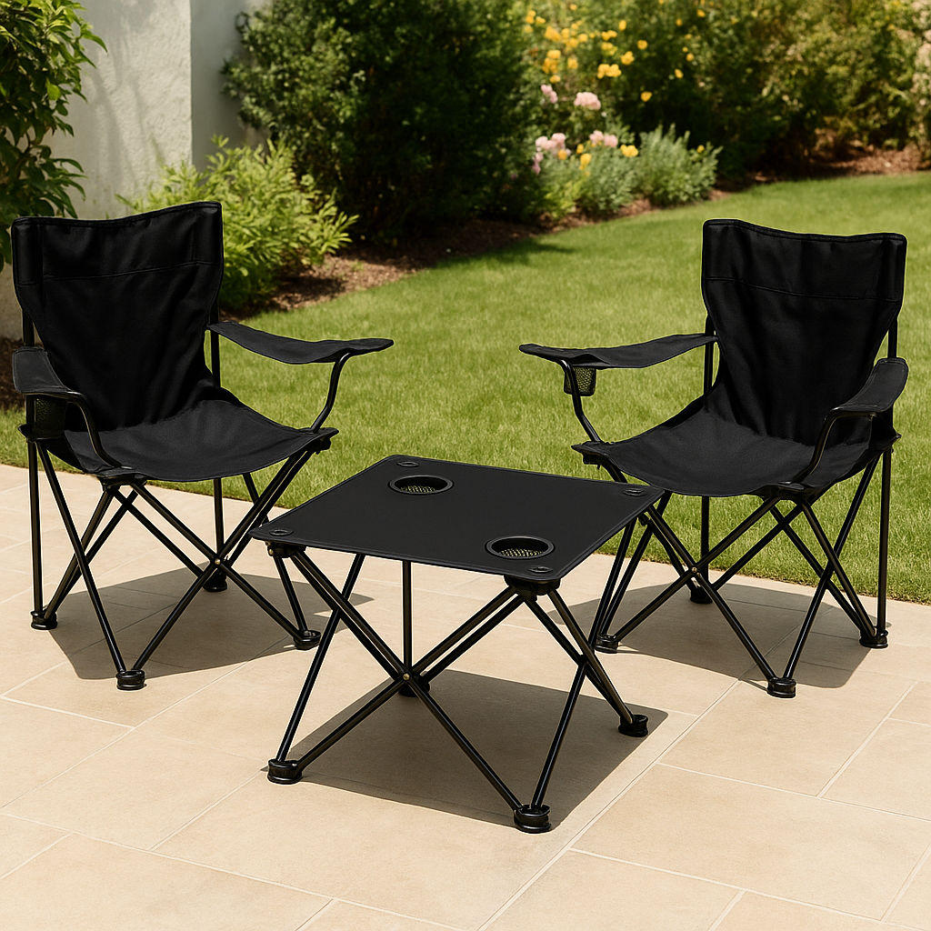 2x Klappstuhl + 1x Campingtisch Set Schwarz – Faltbar mit Getränkehalter&Taschen