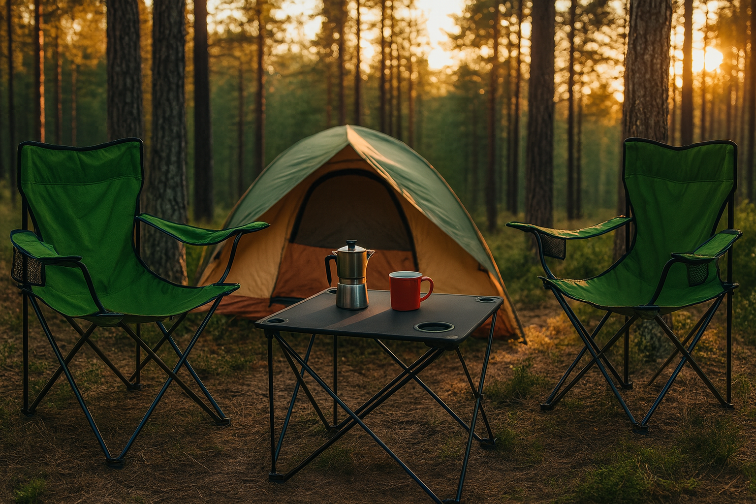 2x Klappstuhl + 1x Campingtisch Set Schwarz – Faltbar mit Getränkehalter&Taschen