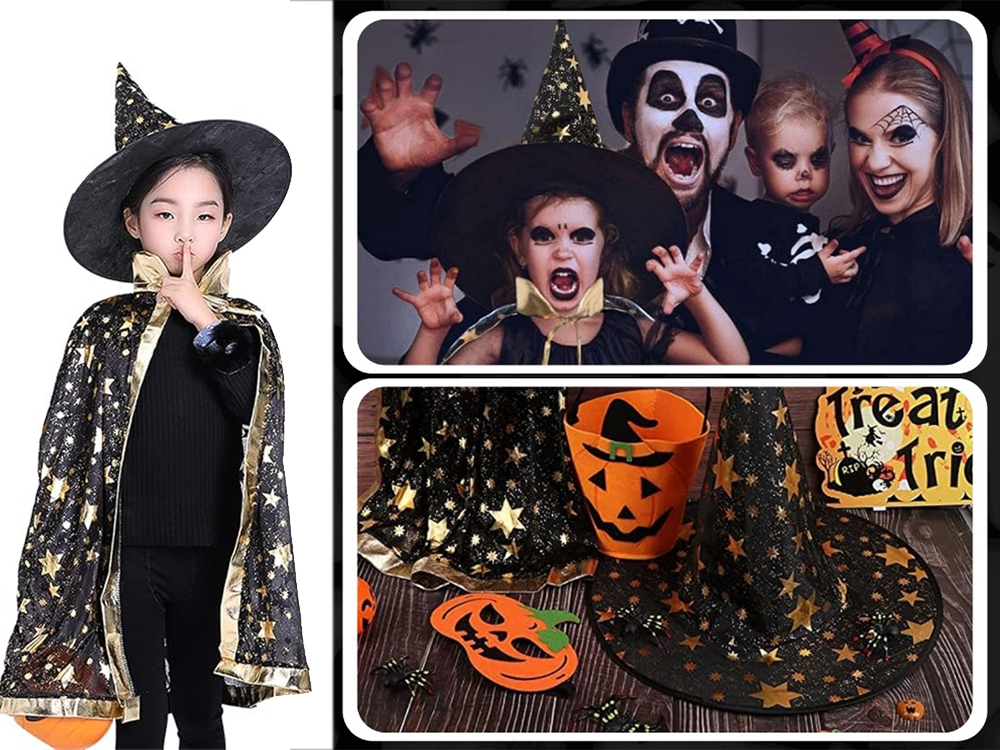 Kinder Zauberer Hexe Kostüm Halloween Karneval Umhang & Hut 🎃👻