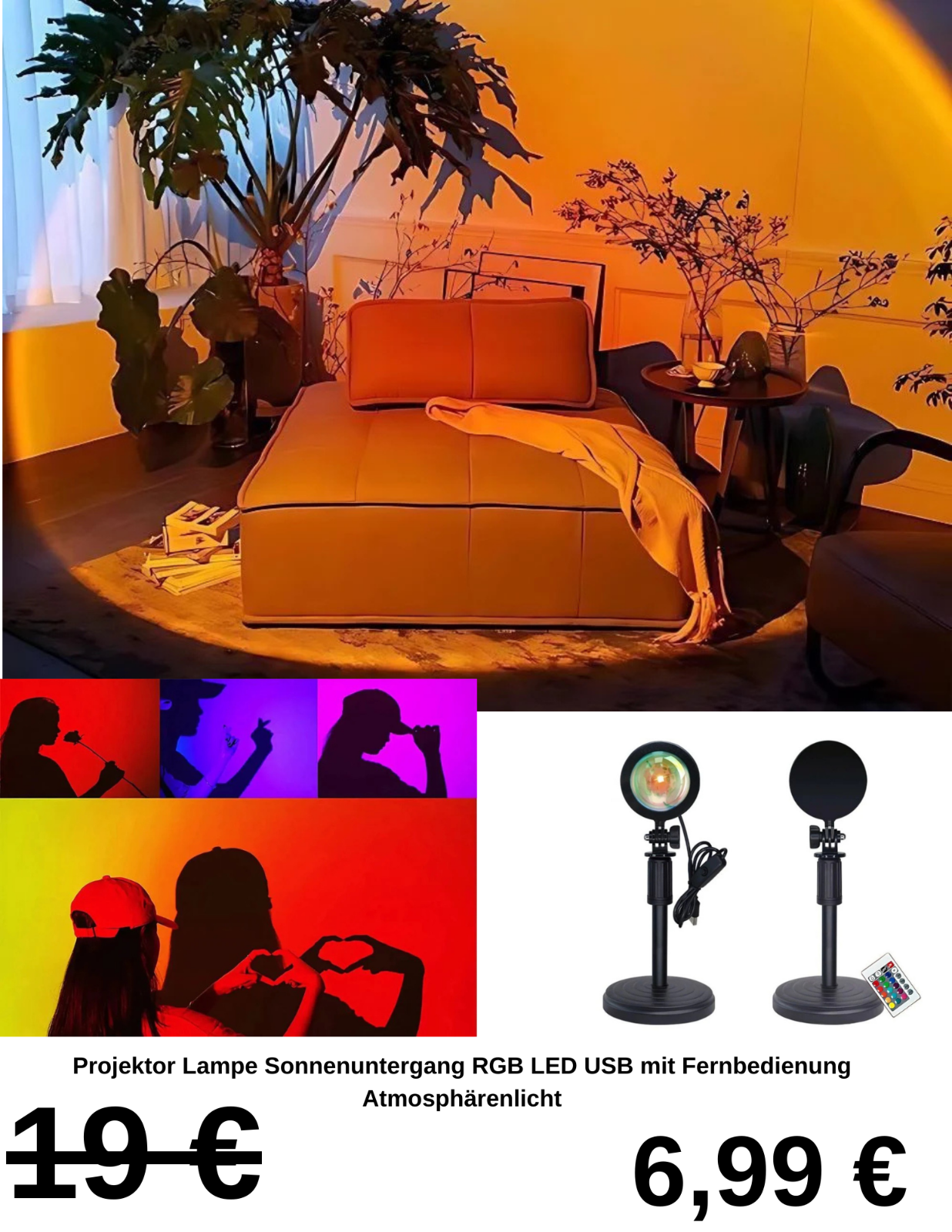 Projektor Lampe Sonnenuntergang RGB LED USB mit Fernbedienung Atmosphärenlicht
