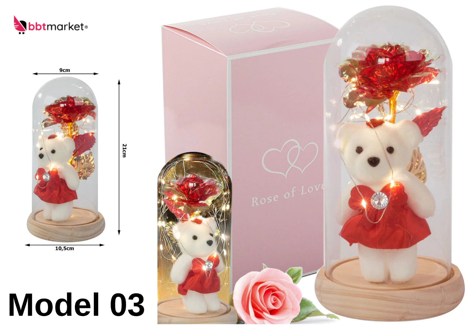 LED Blumen Geschenk im Glas mit Licht 🌸 Deko Rose & Bär für Valentinstag