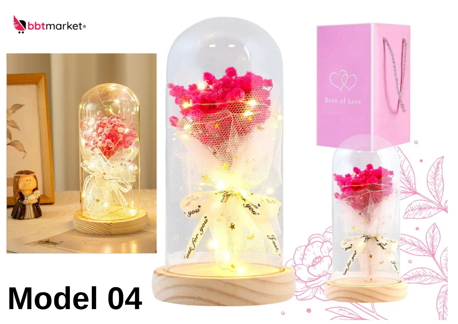 LED Blumen Geschenk im Glas mit Licht 🌸 Deko Rose & Bär für Valentinstag