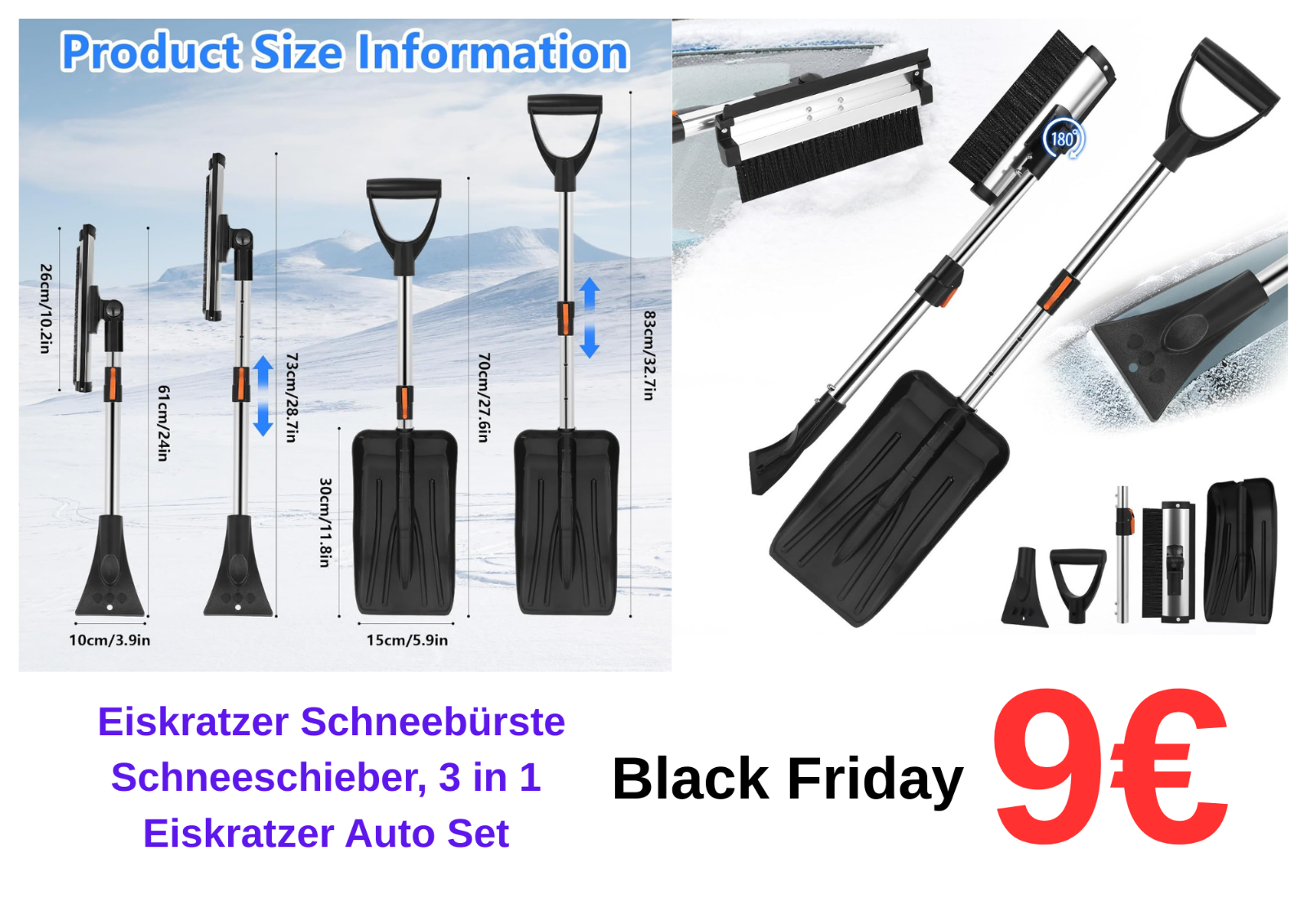 3-in-1 Eiskratzer Auto Set – Ausziehbare Schneebürste, Schneeschaufel & Drehkopf