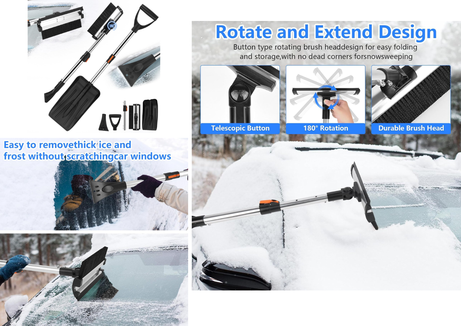 3-in-1 Eiskratzer Auto Set – Ausziehbare Schneebürste, Schneeschaufel & Drehkopf