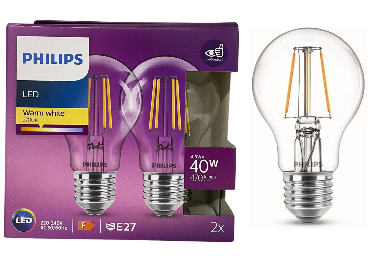 Philips LED E27 4,3W Filament Klar Warmweiß 2700K – 40W Ersatz, 470lm, 2er Set