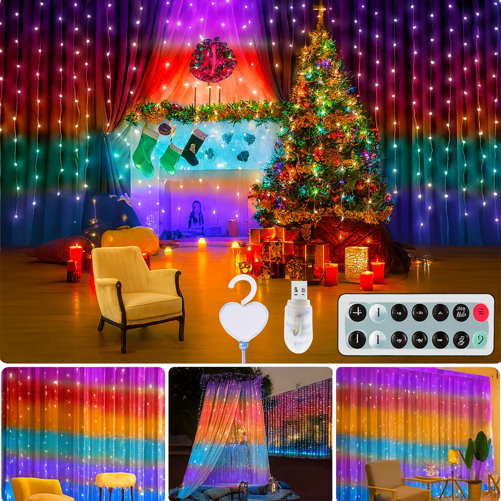 Bunter LED Lichtervorhang 3x3m – 300 LEDs, Regenbogenfarben, USB, Fernbedienung, 8 Modi & Timer für Fenster, Wand & Schlafzimmer