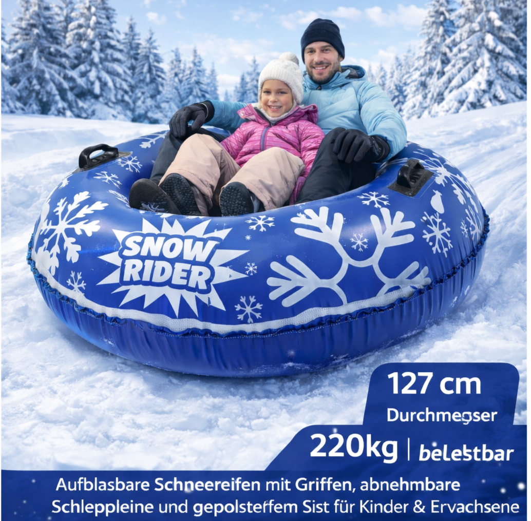 Aufblasbarer Schneereifen Schlitten 127 cm mit Griffen & Schleppleine