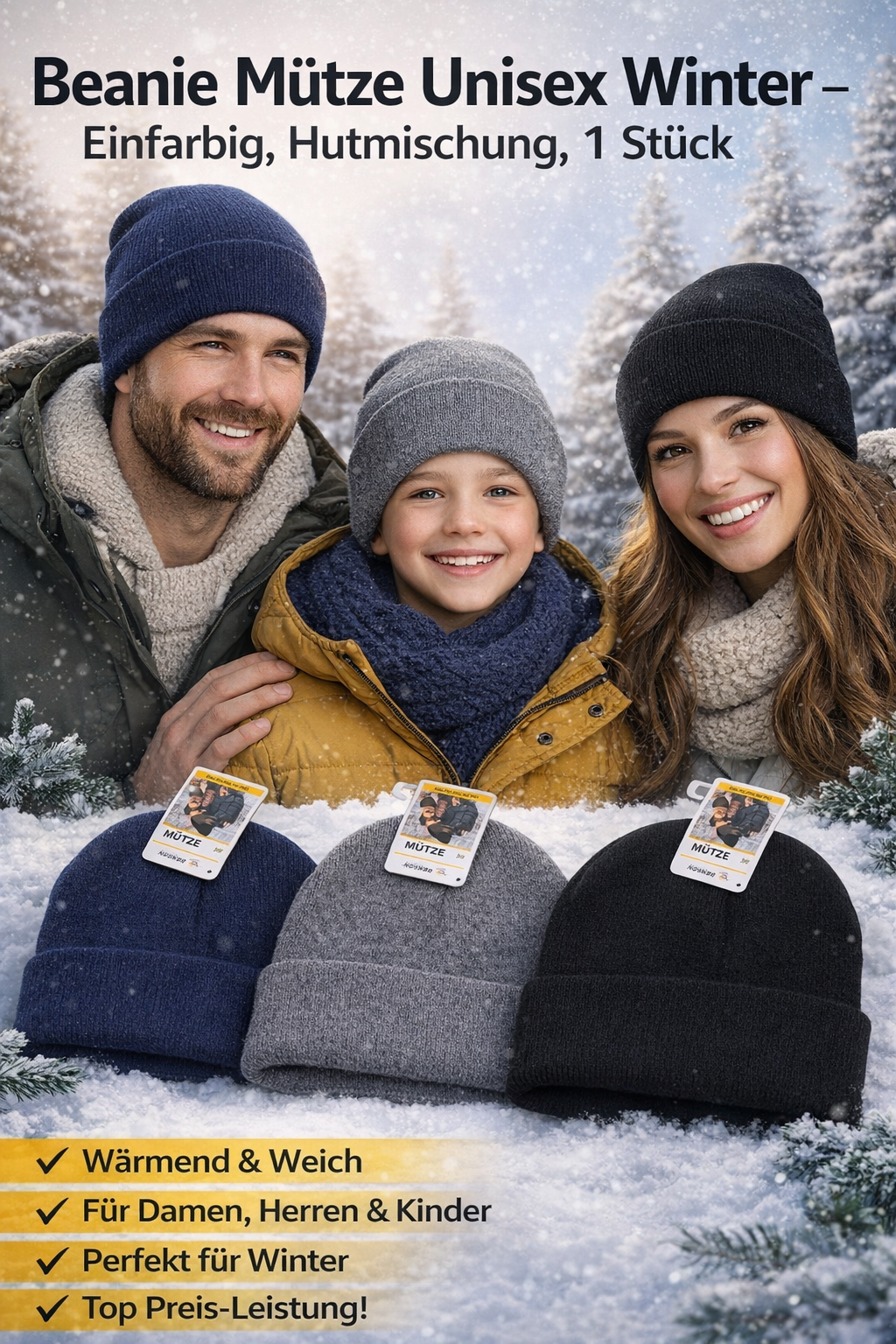 Beanie Mütze Unisex Winter – Einfarbig, Hutmischung, 1 Stück