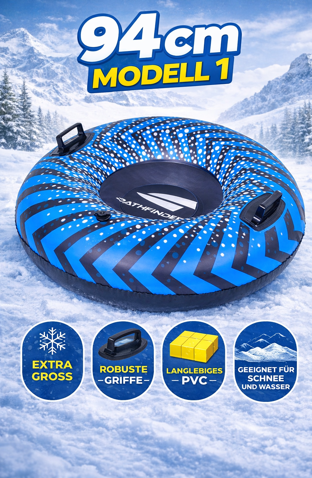 Aufblasbarer Schneereifen Schlitten 94cm cm mit Griffen & Schleppleine