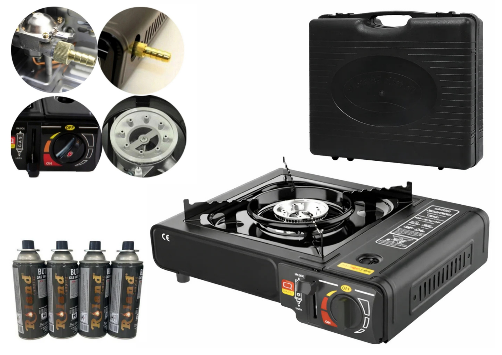 Gaskocher Campingkocher 2-in-1 mit Koffer + 4x Gas Kartuschen 2200W