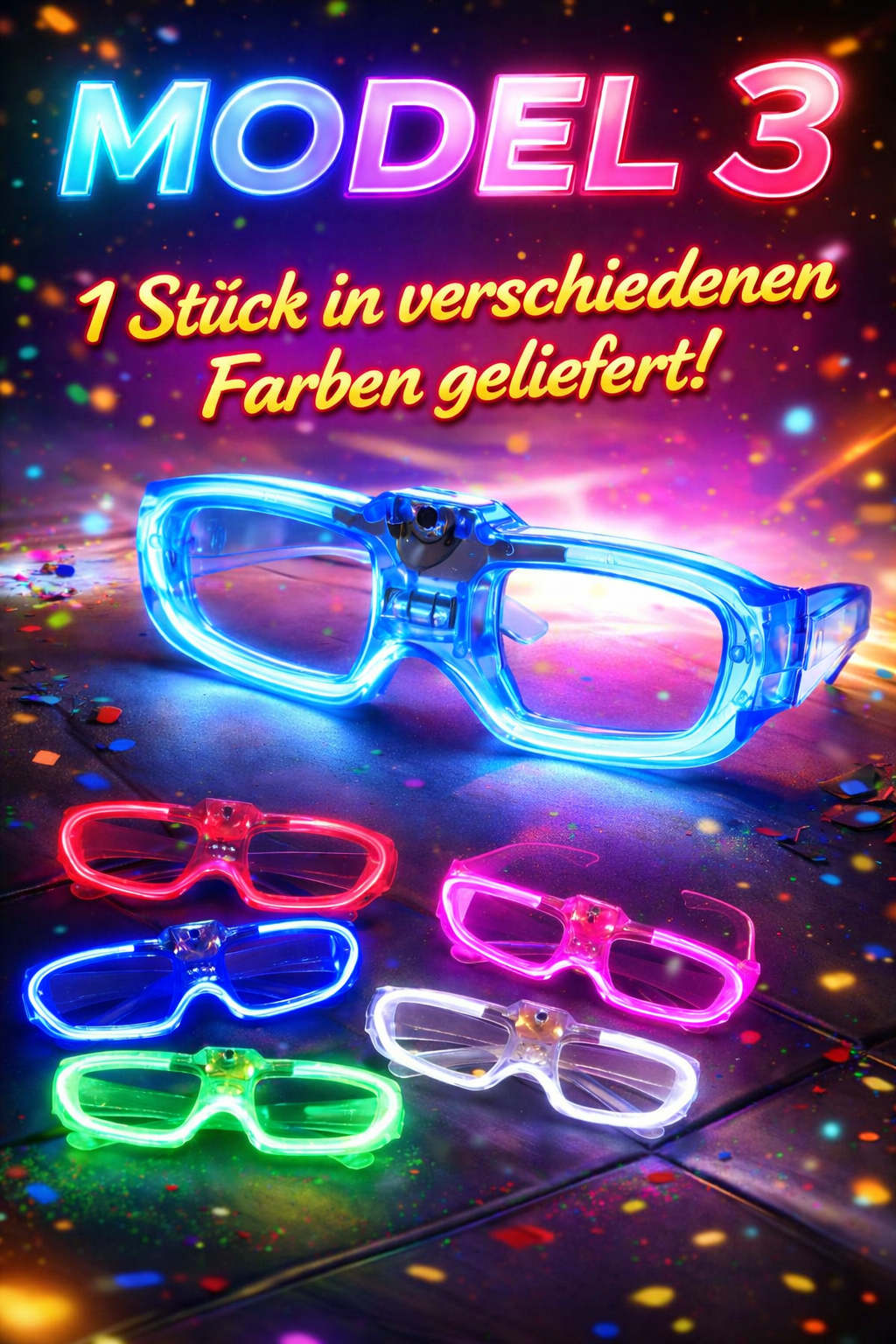 Leuchtende Partybrille Neon – 4 Modelle (LED & Glow) wählbar für Party, Festival & Nachtclub