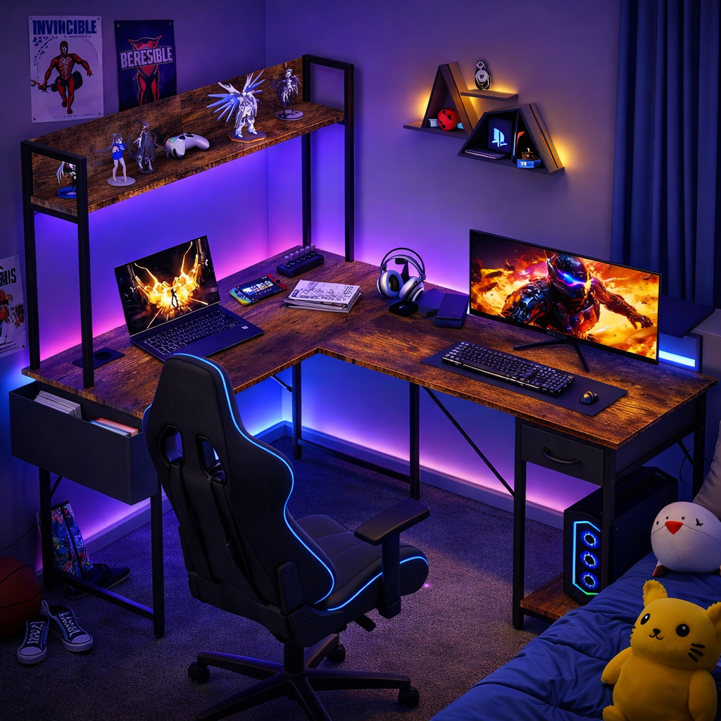L-förmiger Schreibtisch 140x110cm Gaming Tisch LED Steckdose Eckschreibtisch
