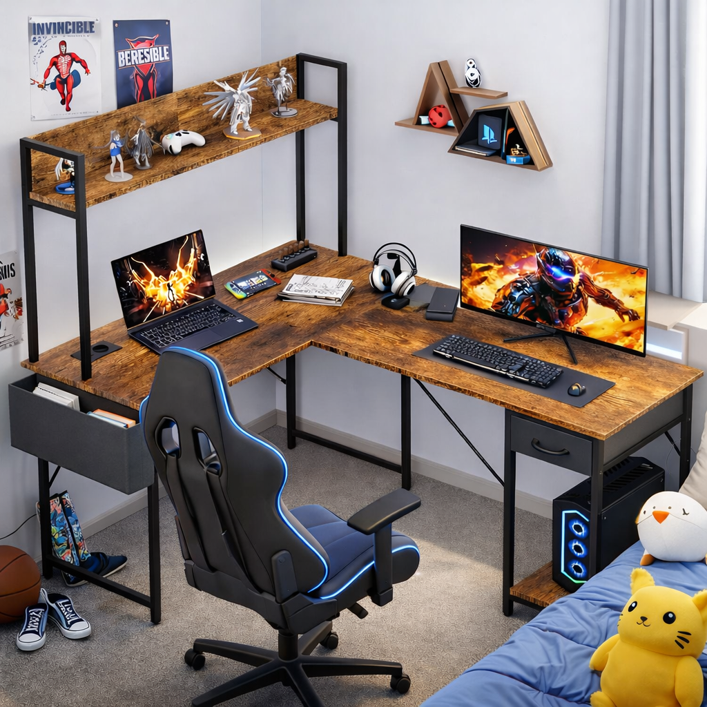 L-förmiger Schreibtisch 140x110cm Gaming Tisch LED Steckdose Eckschreibtisch