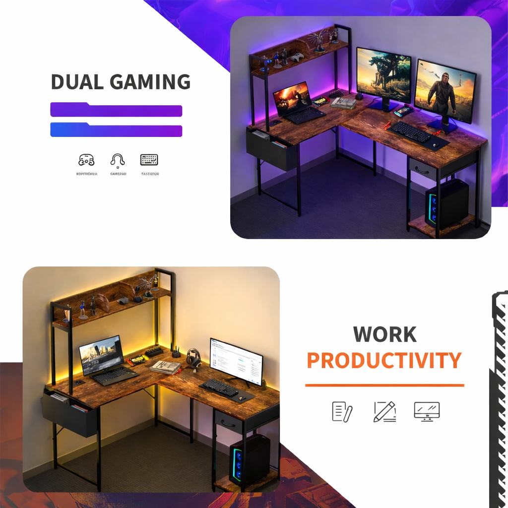 L-förmiger Schreibtisch 140x110cm Gaming Tisch LED Steckdose Eckschreibtisch