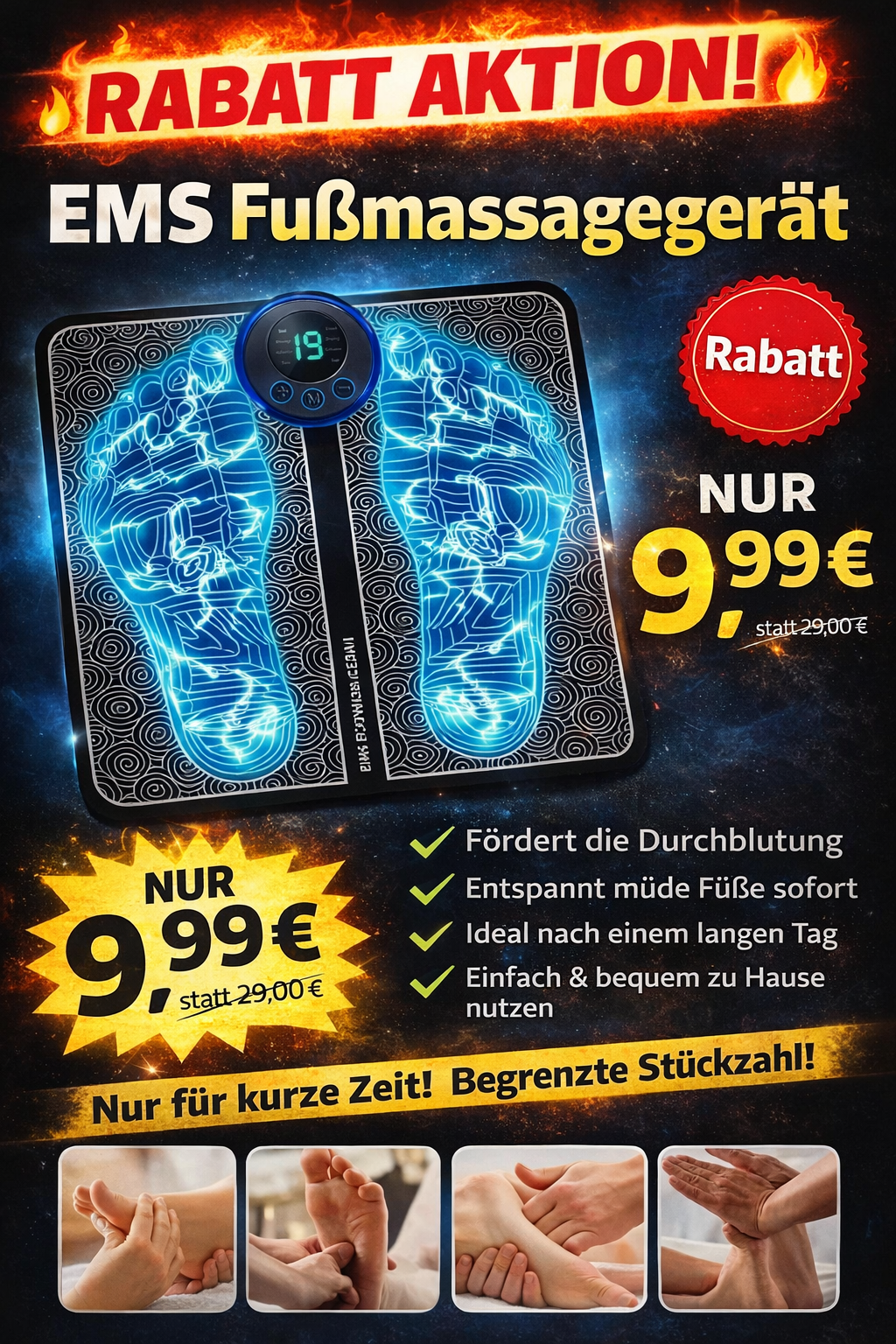 EMS Fußmassage Matte Elektrostimulator 8 Modi 19 Stufen USB Entspannung