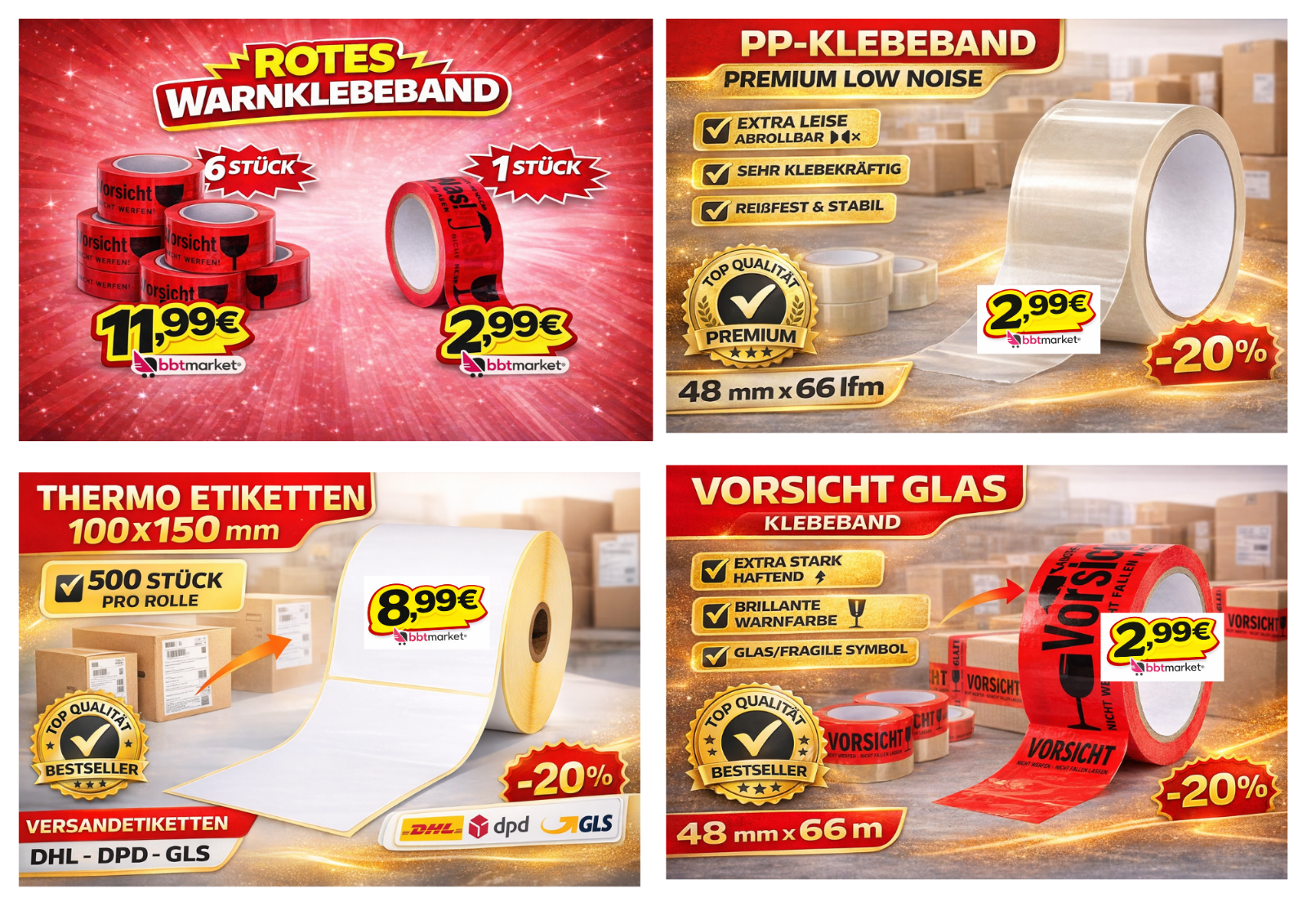 Paketband 48mm x 66m Transparent / Warnband / Versandetiketten 100x150mm 500 Stk
