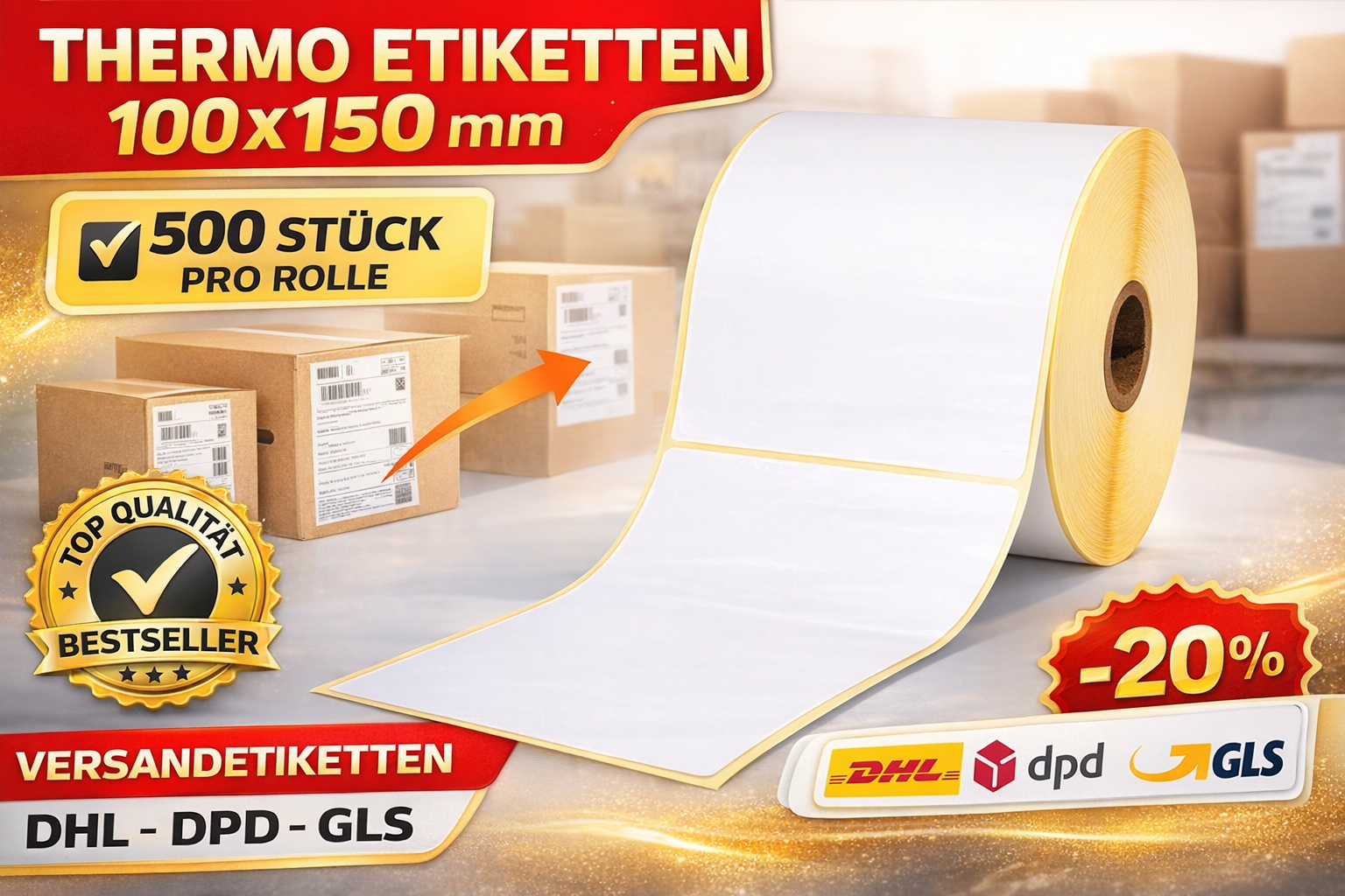 Paketband 48mm x 66m Transparent / Warnband / Versandetiketten 100x150mm 500 Stk