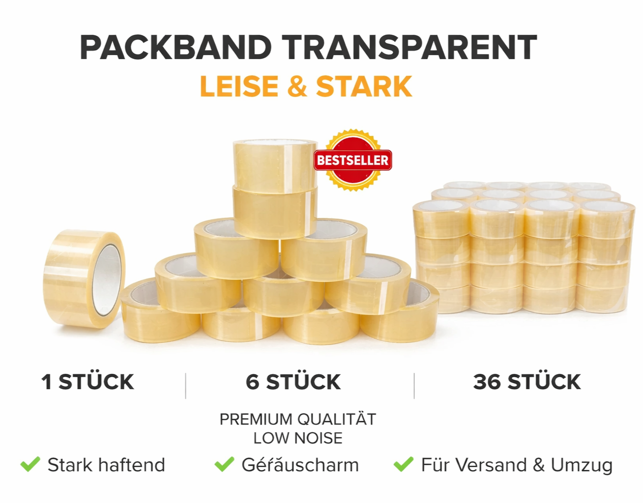 PP Klebeband 48mm 66m Transparent Low Noise Paketband 1-36 Rollen