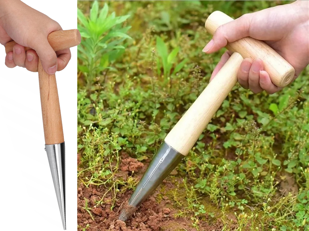 Pflanzdorn Blumenzwiebel Pflanzer Pflanzhilfe Holzgriff mit Skala Garten