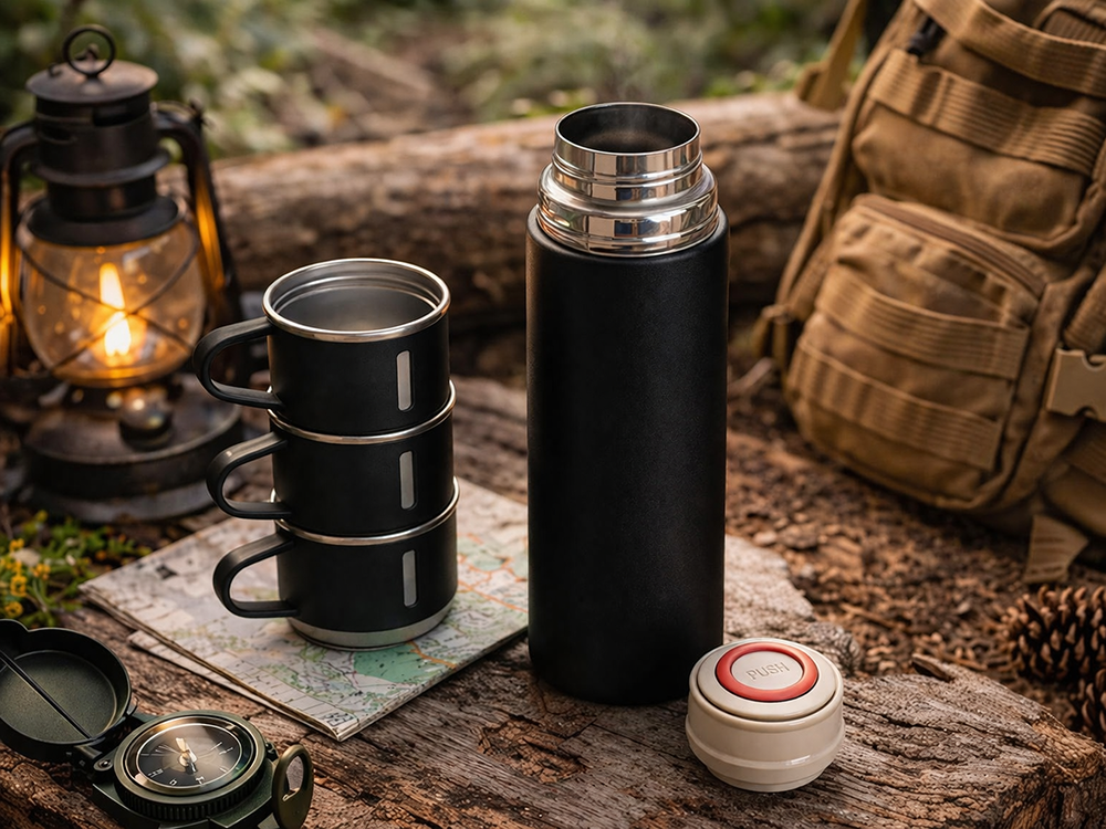 Thermoskanne 400ml Edelstahl isoliert 3 Becher Set Thermosflasche Camping